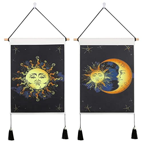 2 tapices de pared con diseño de sol y luna, con borlas, decoración de pared para dormitorio, salón, fondo decorativo (14 x 20 pulgadas) Cover