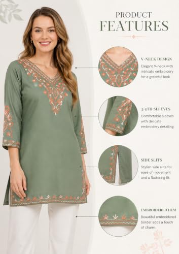 Image of Embroidered Chikankari Kurti with Kashmiri Aari Work, V-Neck, 3 /4 Sleeves, Rayon Fabric