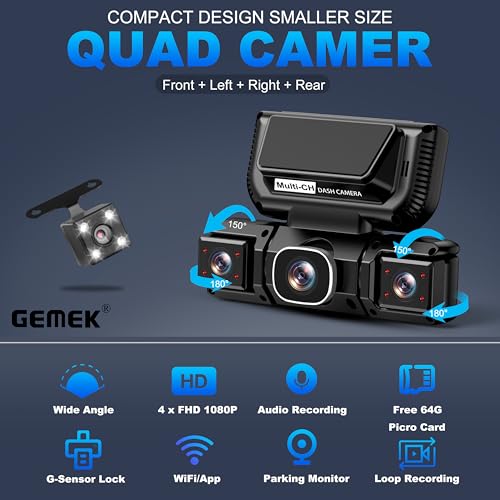 Image of 360 Degree View 4 Channel Dash Cam 5G WiFi & APP Control, GEMEK 2K Front and Rear Inside, Left Right Dash Camera for Cars Free 64GB TF Card, G-Sensor, Night Vision, 24H Parking Mode