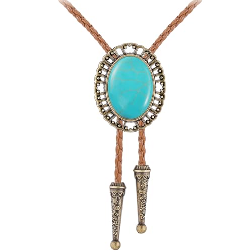 Image of Jeilwiy Bolo Tie for Men Real Stone Westwern Cowboy Ties Silver Bolos Women Leather Necktie Gift for Birthday Christmas