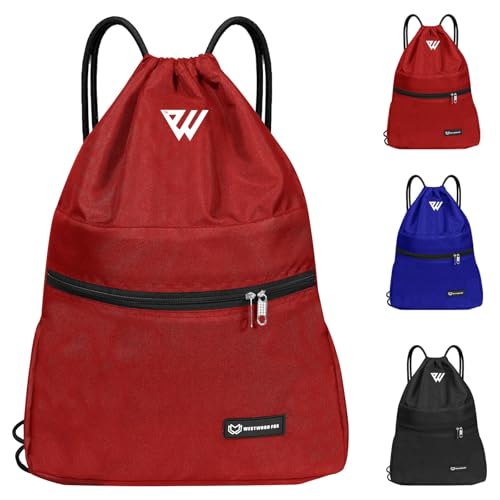 WESTWOOD FOX WFX - Sacca con coulisse, impermeabile, per sport, palestra, da donna, da uomo, in polietilene, tasca esterna, con cerniera, per scuola, spiaggia, vacanze, nuoto, viaggi, Rosso, Taglia
