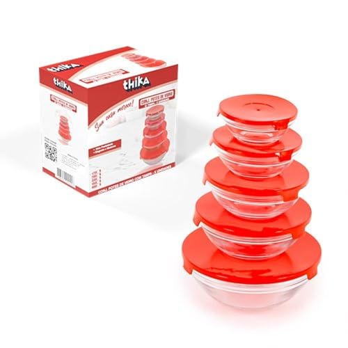 Conjunto com 5 Potes de Vidro com Tampa – Vasilhas de Cozinha para Armazenar Alimentos, Marmitas, Micro-ondas, Freezer e Geladeira – Cores Sortidos