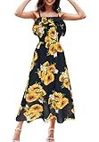 COOUFE Women's Summer Dresses 2025 Sundress Spaghetti Strap Smocked Ruffle Beach Long Dress Boho Floral Maxi Dresses Sunflower Black M