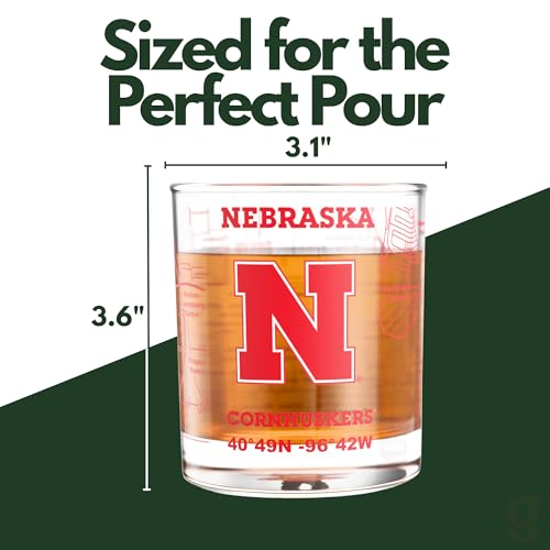 Image of Greenline Goods University of Nebraska Cornhuskers Whiskey Glasses Set of 2, 10 oz Rocks Glasses with Full-Color Logo & Campus Map - Officially Licensed Bourbon Glass Gift for Alumni & Fans