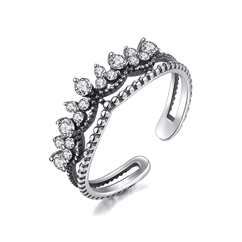Bague ouverte double couche en argent avec couronne de diamants pour femme