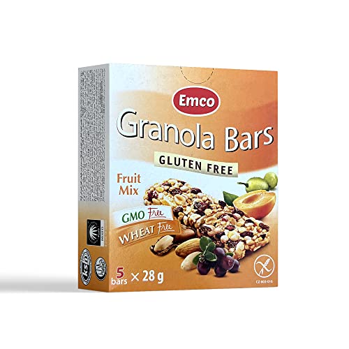 Emco - Barritas de Cereales - Pack de 5 Barritas - Sin Gluten - Barritas de Granola con Mix de Frutas - 28 g - Formatos Individuales - Fuente de Energía, Fibra y Proteinas