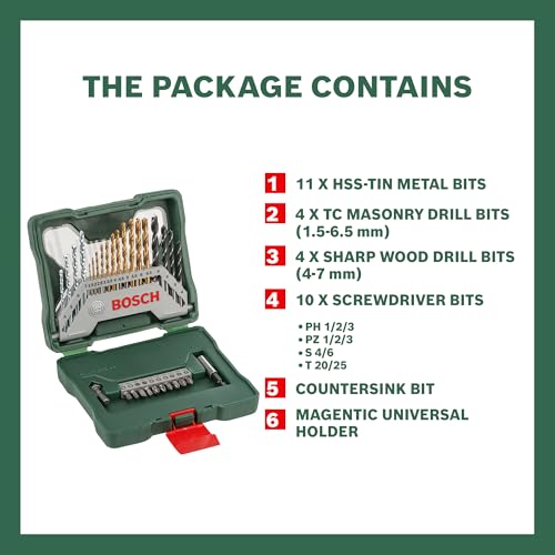 Bosch 30pc. X-Line Titanium Drill and Screwdriver Bit Set (for Wood, Masonary and Metal, Accessories Drill and Screwdriver)