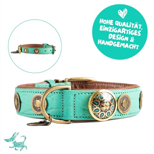 Dog with a Mission - Hundehalsband L | Türkis, Braun, Gold | Boho, Ethno, Urban, Hippie, Ibiza | Große Hunde | Handgemacht | Modisch und Bunt | Aus weichem Echtes Leder | 4 cm Breit