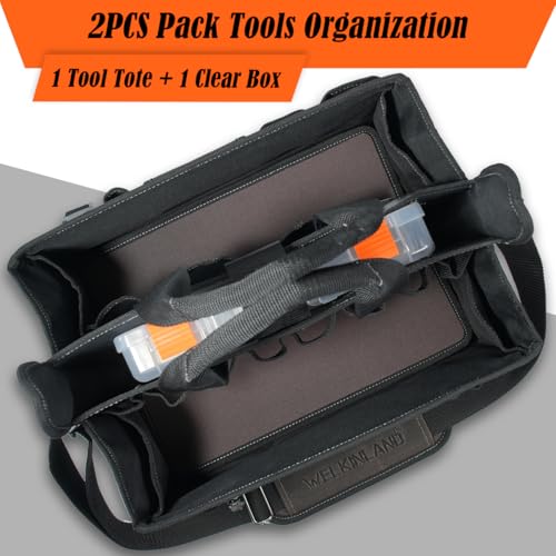 WELKINLAND 20-Pockets Electrician Tool Tote, 16"-Wide Open Top Tool Tote, Waxed-Canvas Electrical Tools Bag, Heavy-Duty Tool Bags For HVAC Tech, Stay-Up Technician Tool Bag