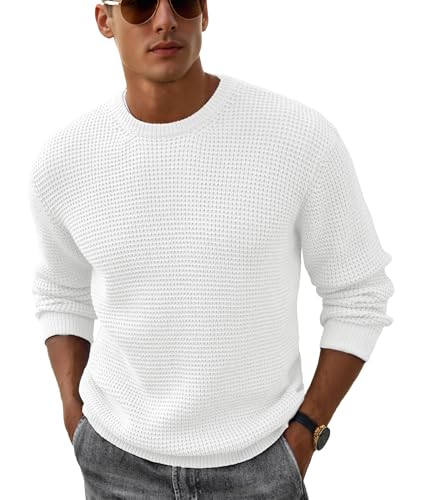 Askdeer Mens Pullover Sweater Waffle Textured Long Sleeve Knit Crewneck Casual Sweater White