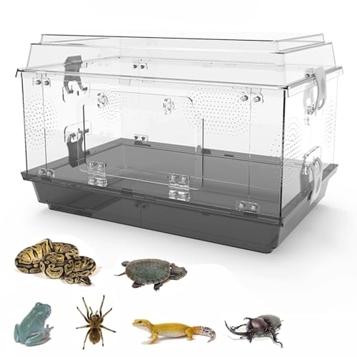 XADBDM レプタイルボックス 爬虫類ケージ アクリル製 透明360°観察 ヘビケージ 47x30.6x30cm 脱走防止安全ロック トカゲケージ 2MMの通気孔 積み重ね可能なデザイン 爬虫類ボックス 組み立て不要 カエル亀 カメ 蛇 蛙 昆虫など適用