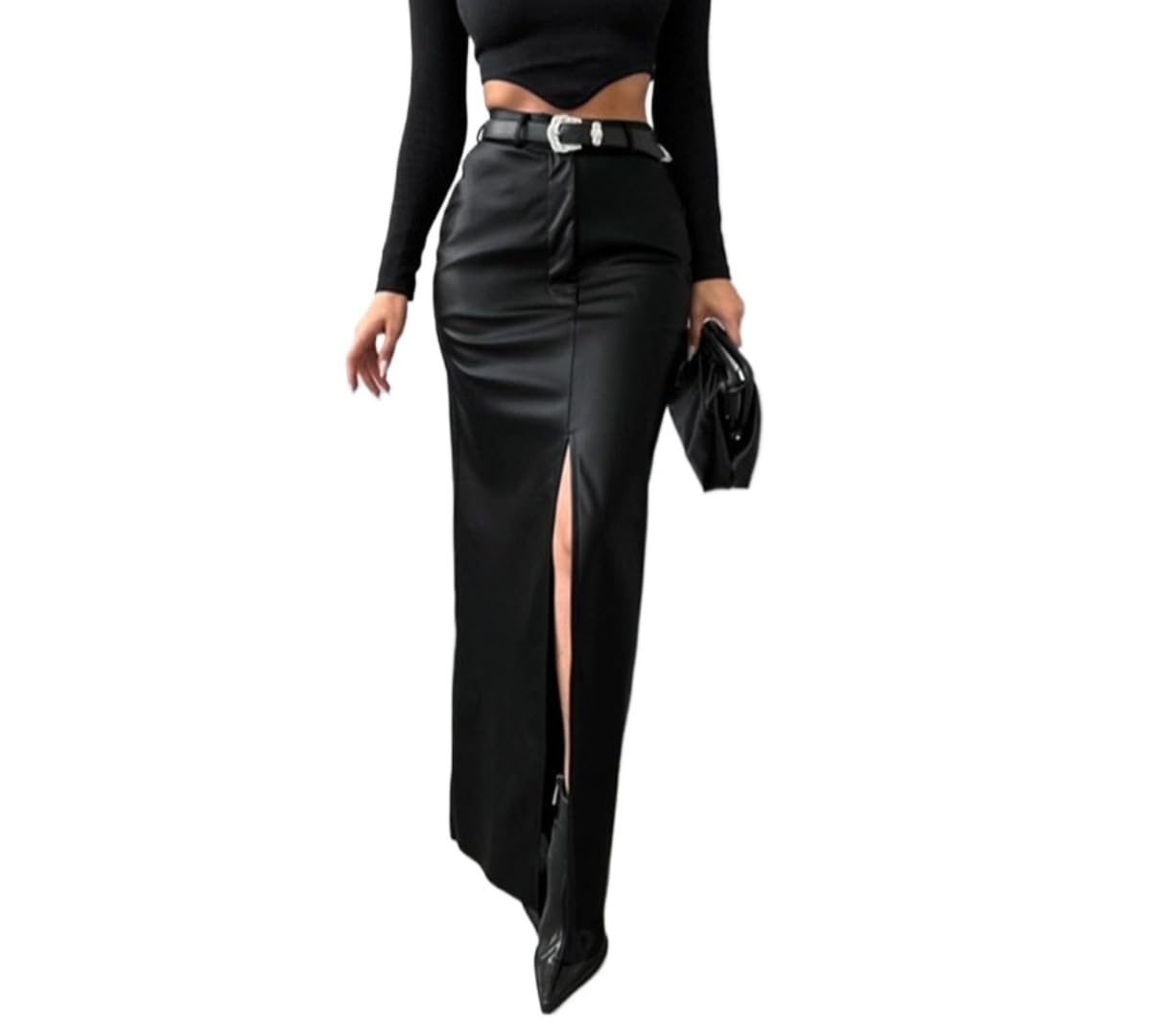 Womens Split Design Solid Color High Waist Pu Leather Skirt Spring Fall Office Lady Trendy Streetwear Long Skirts