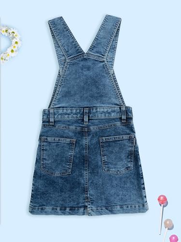 Image of KiddoPanti Girls Solid A-Line Fit Pinafore 5 Pocket Denim Dungaree Skirt