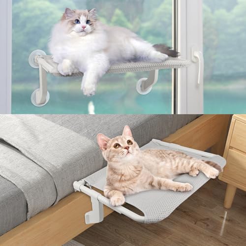 YARVPUV 2 en 1 Hamaca Gatos Ventana Plegable Soporta hasta 25 kg Cama Gatos Ventana con Ventosas y Ganchos 53.5x39.5 cm Hamaca Ventana Gatos para Interior Exterior, Fácil Instalación - Gris
