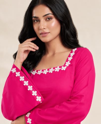 Image of MAHIRA'S Comfort Women's Short Kurti, Rayon Tunic Top with 3 /4 Embroidered Designer Sleeves | Soft Breathable Fabric | Office & Casual Kurti for Jeans, Leggings & Trousers