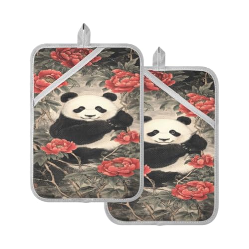 JUMBEAR Rose Panda - Juego de soporte para ollas con bolsillo para cocina, resistente al calor, manoplas de horno, almohadillas calientes, salvamanteles para hornear, cocinar, 7 x 9 pulgadas