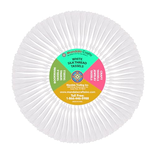 Image of Mandala Crafts Small White Bookmark Tassels - 100 Bulk Silky Mini Craft Tassels with Loops for Bookmarks, Jewelry Making, Graduation Decorations, and Keychains