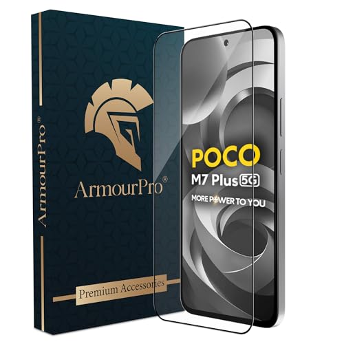 Image of ArmourPro Military Grade Gorilla Tempered Glass Screen Protector Compatible For Poco M7 Plus (6.9 Inch) With Easy Installation Kit| Edge To Edge Coverage |Black