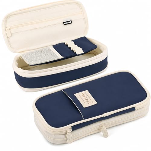 Image of PRANIJ Cute Aesthetic Large Capacity Expandable Pencil Case Pouch with Zipper Portable Office Stationery Desk Organizer for School Collage Boys Girls Adults Women Men (Navy Blue)