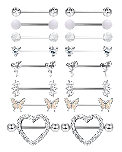 Besteel 8 Pairs Nipple Rings 14G Stainless Steel Nipplerings CZ Heart Butterfly Ball Tongue Barbell Rings Retainer Body Piercing Jewelry for Women