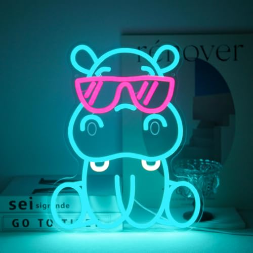 Image of Hippo with Pink Sunglasses Neon Sign Cute Animal LED Sign for Bedroom Decor