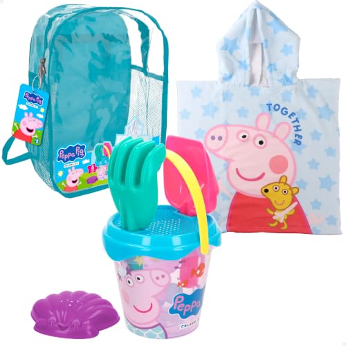 ColorBaby Peppa Pig Set de Playa Infantil, Cubo de Playa con Pala y rastrillo, Poncho Infantil Peppa Pig, Juguete de Playa, A Partir de 18 Meses (77890)