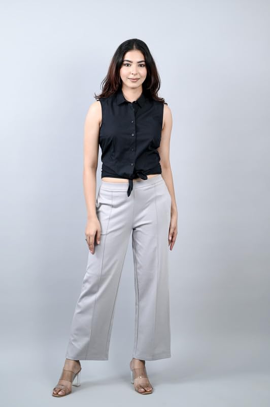 Image of Mlada Mid Waist Wide Leg Flared Pants Elastic Waist Band for Women Office Work Formal Wear Stretch Cotton Knit Flare Pants Utility Pockets Extra Flare Pants Trousers for Travel