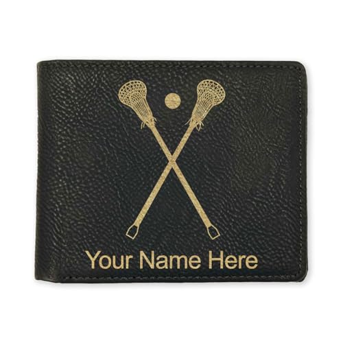LaserGram Faux Leather Bi-Fold Wallet, Lacrosse Sticks, Personalized Engraving Included (Black with Gold)