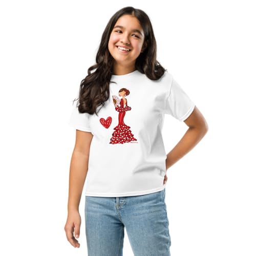 Camiseta 100% algodón orgánico de Manga Corta para niña, con Traje de Flamenca Rojo con Abanico – Camiseta Blanca – Talla 11/12 – Pepa
