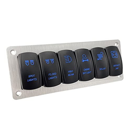 Image of 6 Gang Silver Aluminum Rocker Switch Panel Blue Led RZR Toggle Switch Panel Replacement Kit for Car Boat RV Camper UTV Yacht Dashboard
