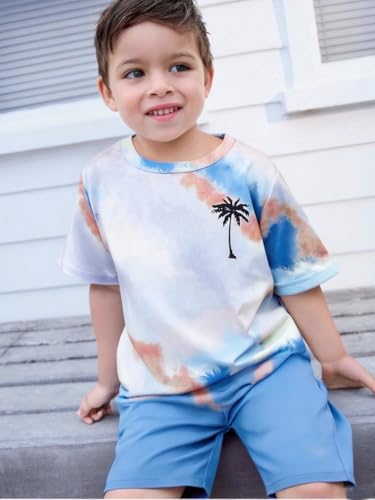 Image of Kid Toddler Baby Boys Clothes Tie-dye Palm Leaf Top 2Pcs Summer Shorts Set