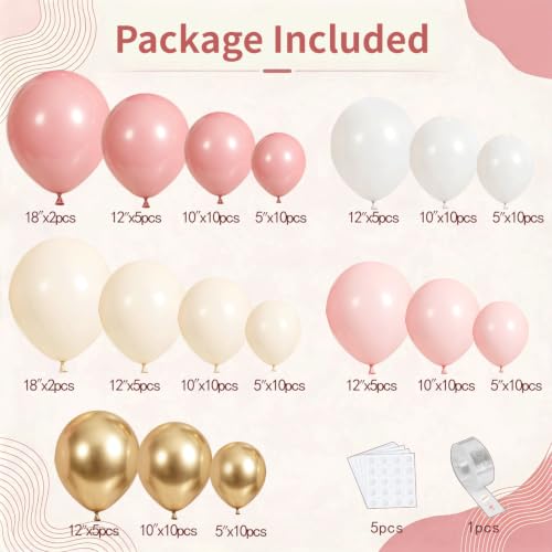 Image of Zesliwy Pink White Sand Gold Balloons Arch Kit, Latex, Party Decorations