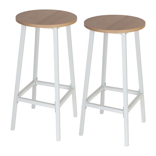 Relaxdays Lot de 2 Tabourets de Bar Scandinaves en Bois et métal, Repose-Pieds, 65 x 32 x 32 cm, Naturel et Blanc