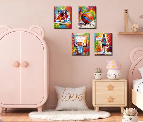Image of Frimeeme Framed Graffiti Girls Basketball Canvas Wall Art, 4pcs 8x10 In
