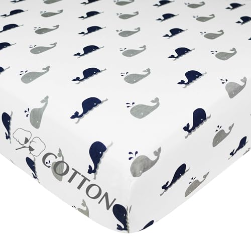 Image of American Baby Company Cotton Fitted Crib Sheet 52x28 inch, Navy Whale