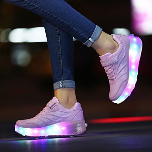 EMDPBD LED Roller Skates with Double Wheels for Kids USB Rechargeable Shoes Retractable Roller Skates Sneakers Shoes for Girls Boys,Pink-4.5BigKid4