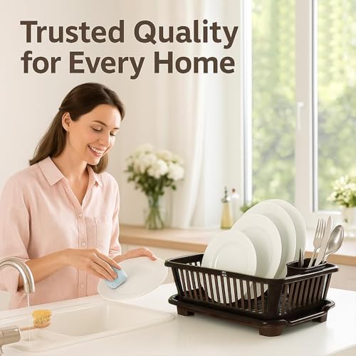 Image of Plastic Kitchen Dish Drainer Rack with Drying Tray & Cutlery Holder | 23 x 46 x 56 cm Utensil Stand & Bartan Stand | Mesh Design Dish Drying Basket Organizer for Kitchen Counter - Brown