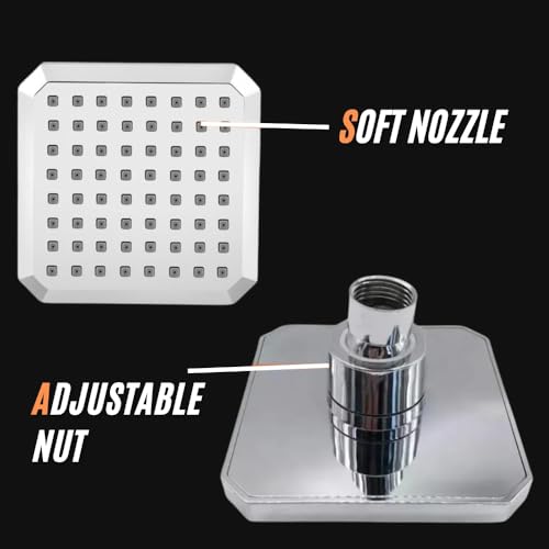Image of HOUZA Square Shower Head for Bathroom | 4 Inch Single Flow Overhead Shower with Arm | Adjustable Bathroom Shower with Even Water Flow & Rust Resistant | Anti-Clog Silicone Nozzles for Wall Mounting