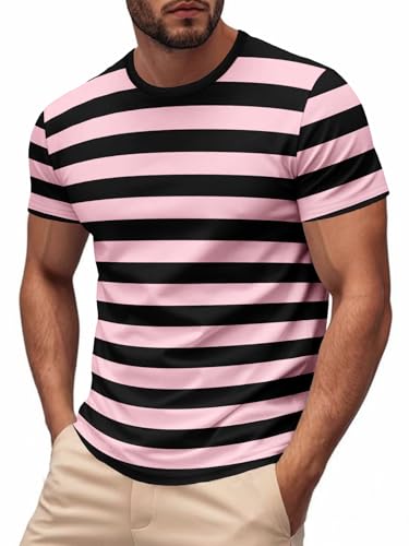 Mens Striped T-Shirt Short Sleeve Crewneck Classic Horizontal Stripe Tee Top2