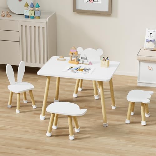 BanaSuper Conjunto de mesa e cadeiras para crianças, mesa de atividades para crianças com 4 cadeiras, mesa de conjunto de madeira para crianças e tamboretes, conjunto de móveis naturais para jogar,