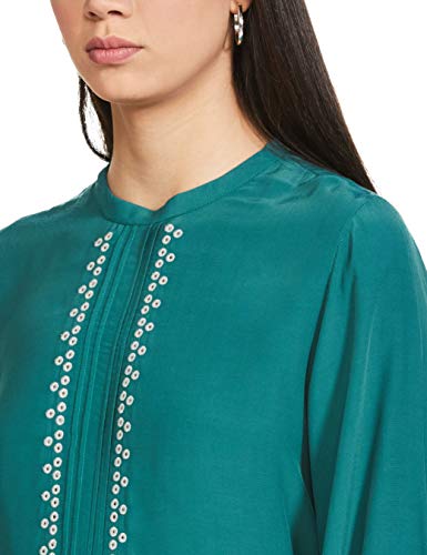 Image of Label RITU KUMAR Round Neck 3 /4 Sleeves Teal Blue Short Top