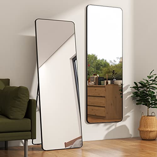 ミルオ君の鏡工房 全身鏡 大きい 姿見鏡 アルミフレーム おしゃれ 丸角 全身ミラー 飛散防止 壁掛け 立て掛け スタンドミラー すがた鏡 全身 (161*49cm, ブラック)