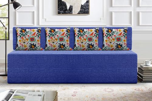 Image of Los Angeles Foldable Four Seater Sofa Cum Bed, Sofa Bed 6 X 6 Feet Jute Fabric Washable Cover- Including Cushion Perfect for Living Room - Blue