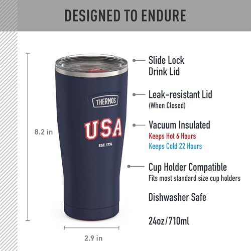 Image of THERMOS Icon Series 24oz Stainless Steel Tumbler with Slide Lock Lid, Leakproof, Fits Cupholder, Dishwasher Safe, Griptec Non‑Slip Base, Keeps Drinks Hot 6 Hrs /Cold 22 Hrs, Navy USA