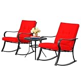 SUNCROWN Outdoor 3-Piece Rocking Chairs Patio Bistro Set Black Steel Furniture with Thickened Cushion and Glass-Top Coffee Table, Red