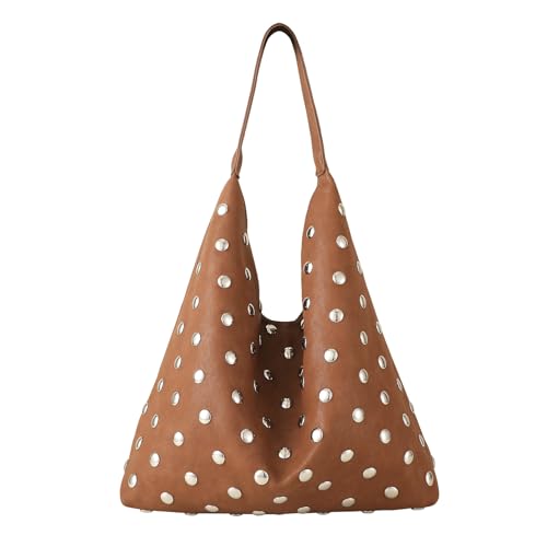 Vegan Leather Hobo Bag for Women, Y2K Purse Rivet Studded Shoulder Bag, Designer Punk Handbag, Slouchy Leather Tote Bag for Work, Travel, Brown
