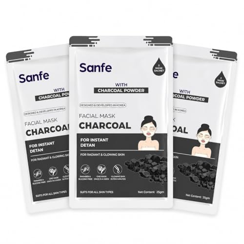 Image of Sanfe Instant Detan Charcoal Facial Mask | for Radiant & glowin Skin | 100% Fruit extracts, Korean Mask | 25gm | Pack of 3