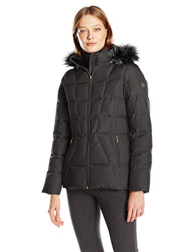 Calvin Klein Women's Down Puffer Short Coat with Faux Fur Trimmed Hood, Black, Medium