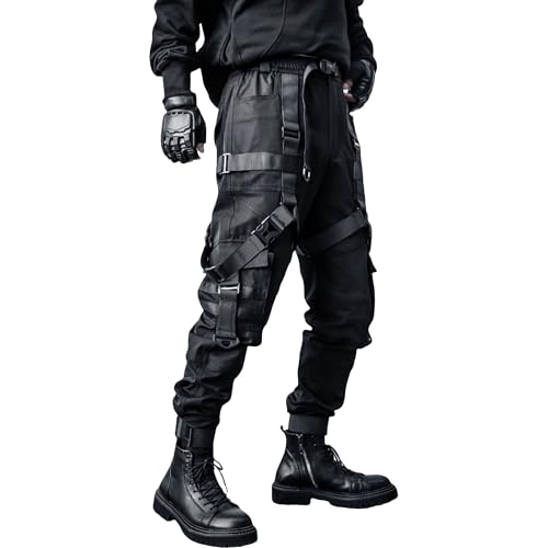Men's Dark Functional Tactical Cargo Pants Paratrooper Pants with Streamers Mens Techwear Baggy Tapered Trousers