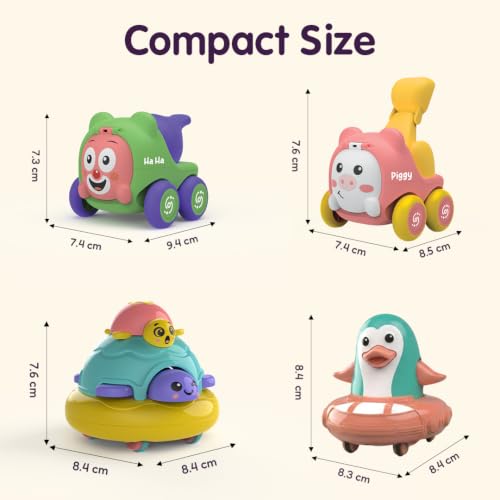 Image of Friction Powered Toy Vehicles Pack of 4 for Kids with Topsy Turtle, Penguin, Carnival Car with Whistle & Farm Truck Designs,Best Gift for Kids, 3+ Years